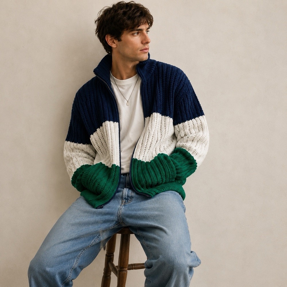 J.Crew Full Zip Sweater Cardigan Mens Cotton Heavy Thick Knit Colorblock Vintage